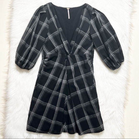 Free People Black Plaid V Neck Balloon Sleeve A Line Pleated Mini Shirtdress - Picture 11 of 14